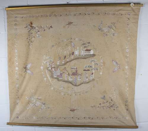 A Chinese cream silk embroidered panel