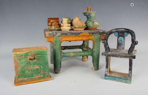 A Chinese sancai glazed pottery funerary table and offerings