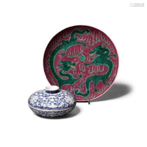 A FAMILLE-ROSE DISH AND COVERED BOX The dish: Guangxu mark a...