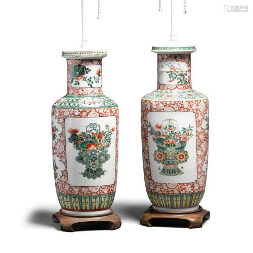 A PAIR OF FAMILLE-VERTE ROULEAU VASES, NOW MOUNTED AS LAMPS ...