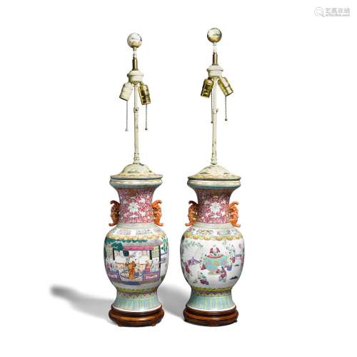 A PAIR OF LARGE FAMILLE-ROSE VASES, NOW MOUNTED AS LAMPS 19t...
