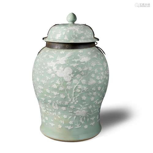 A SLIP-DECORATED CELADON-GLAZED BALUSTER JAR AND COVER  19th...