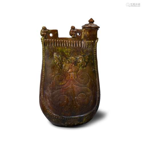 A LARGE BROWN-GLAZED POUCH-FORM FLASK	 Liao dynasty