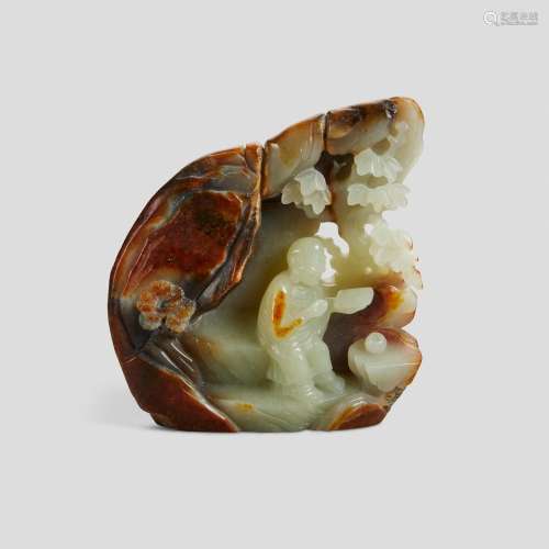 A CELADON AND BROWN JADE  'LUOHAN' BOULDER 20th cent...