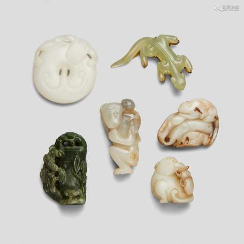 A GROUP OF SIX SMALL JADE AND HARDSTONE CARVINGS 20th centur...