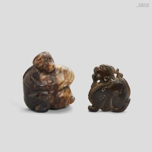 A JADE AND A HARDSTONE CARVING Jade monkey: 19th century or ...