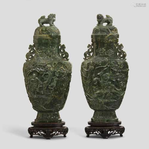 A PAIR OF SPINACH-GREEN JADE COVERED VASES 20th century