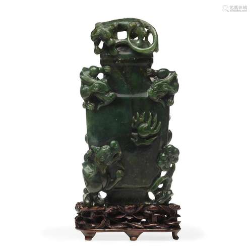 A SPINACH-GREEN JADE FLATTENED 'CHILONG' BALUSTER VA...