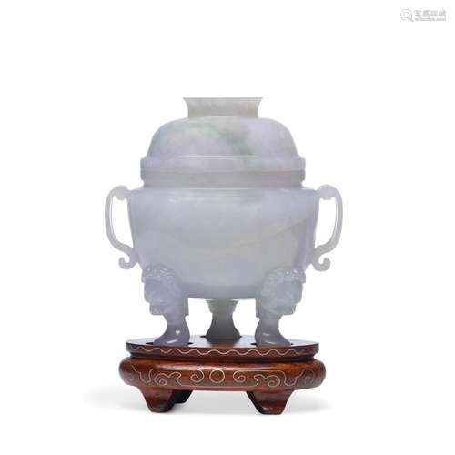 A PALE LAVENDER AND WHITISH-GREEN JADEITE TRIPOD CENSER AND ...