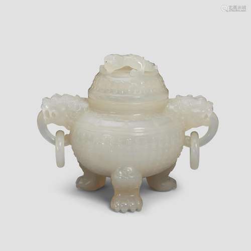 A CARVED AGATE TRIPOD CENSER AND COVER 19th/20th century