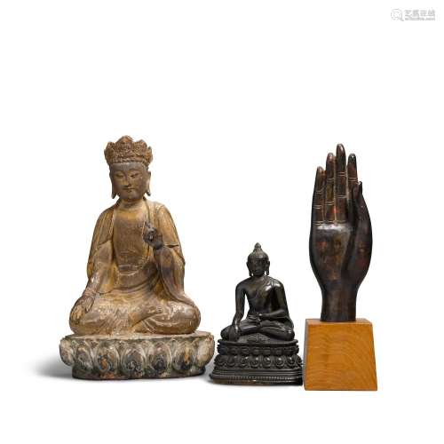 THREE BUDDHIST SCULPTURES  Wood bodhisattva: 17th century; B...