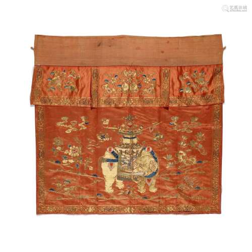A RED-GROUND EMBROIDERED SILK 'ELEPHANT' FRONTAL  19...