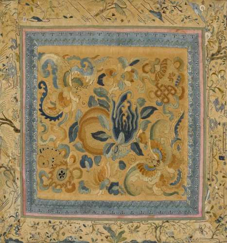 AN EMBROIDERED SILK 'SANDUO AND BUTTERFLY' PANEL Qin...