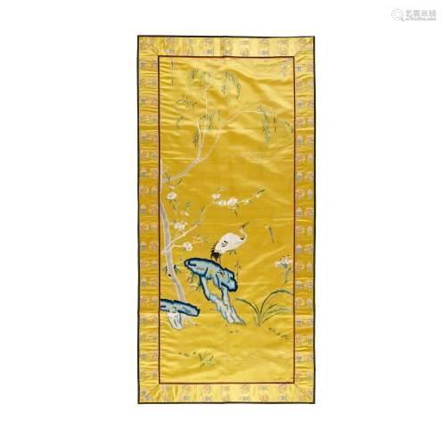 A YELLOW-GROUND EMBROIDERED SILK 'CRANE' PANEL  20th...