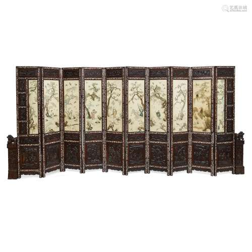 A TEN-PANEL SILK-INSET AND MOTHER-OF-PEARL-EMBELLISHED HARDW...