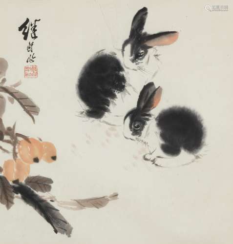 LIU JIYOU (1918-1983) Rabbits and Loquat