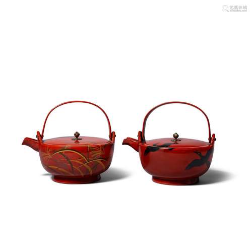 A PAIR OF RED-LACQUERED EWERS WITH HANDLES AND COVERS Edo pe...