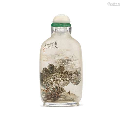 AN INSIDE PAINTED GLASS 'LANDSCAPE AND GOLDFISH' SNU...
