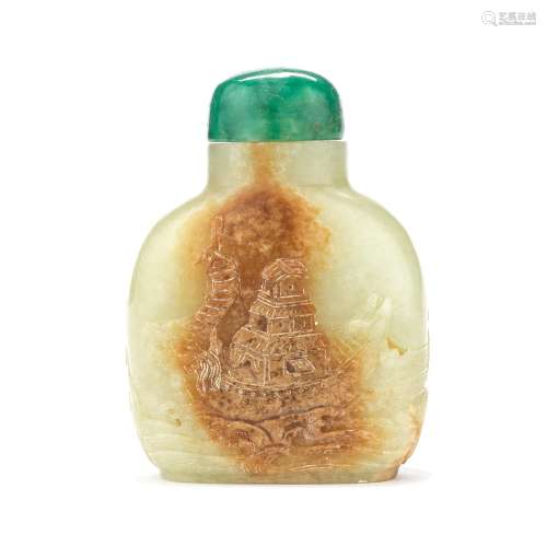 A GREEN AND RUSSET JADE 'DRAGON BOAT' SNUFF BOTTLE 1...
