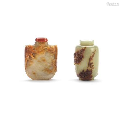 TWO GREEN AND RUSSET JADE CARVED SNUFF BOTTLES 18th/19th cen...
