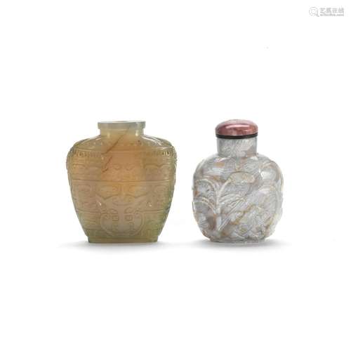 TWO CARVED AGATE SNUFF BOTTLES 19th century