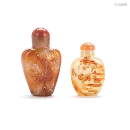 TWO CARVED AGATE SNUFF BOTTLES 19th century