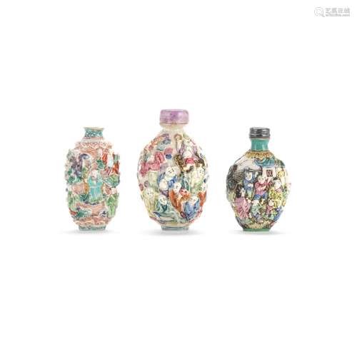 THREE MOULDED PORCELAIN SNUFF BOTTLES 19th century