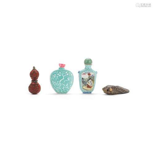 FOUR VARIOUS SNUFF BOTTLES 19th century