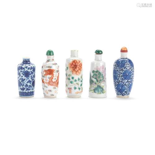 A GROUP OF FIVE VARIOUS PORCELAIN SNUFF BOTTLES 19th century