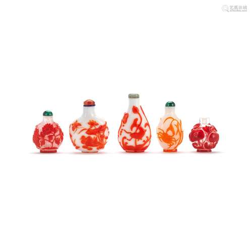 FIVE VARIOUS OVERLAY GLASS SNUFF BOTTLES  Republic/20th cent...