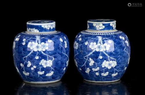 A PAIR OF ' BLUE AND WHITE' PORCELAIN  GLOBULAR JARS AND COV...
