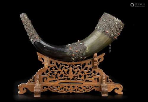 A STONE INLAID HORN AND METAL CONTAINER
Mongolia, 19th-20th ...