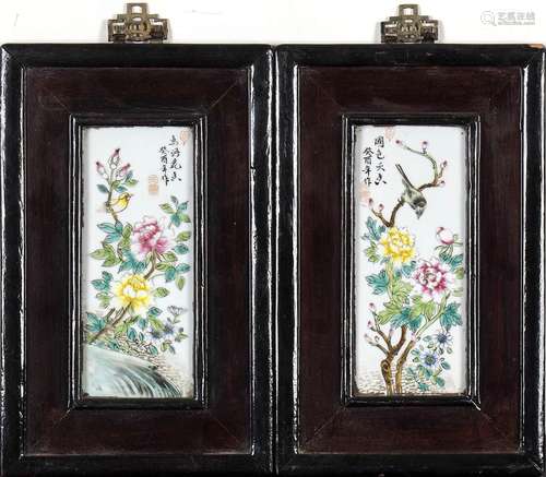 TWO POLYCHROME PORCELAIN AND WOOD PLAQUES
China, 20th centur...