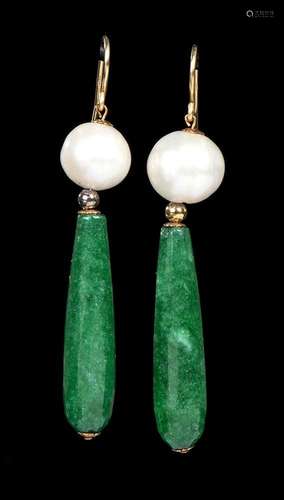 A PAIR OF JADE, PEARLS AND GOLD EARRINGS  
China, 20th centu...