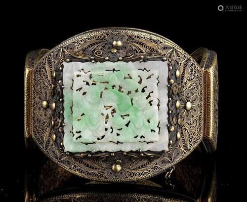 A JADEITE INLAID FILIGREE METAL BRACELET  
China, 20th centu...