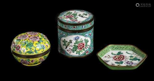 THREE ENAMELLED METAL CONTAINERS
China, 20th century