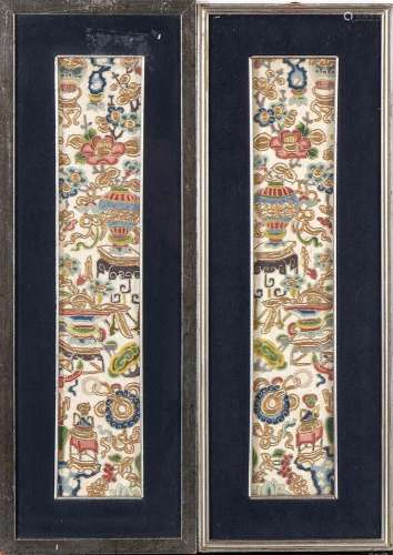 A PAIR OF EMBROIDERED SILK FABRICS
China, 20th century