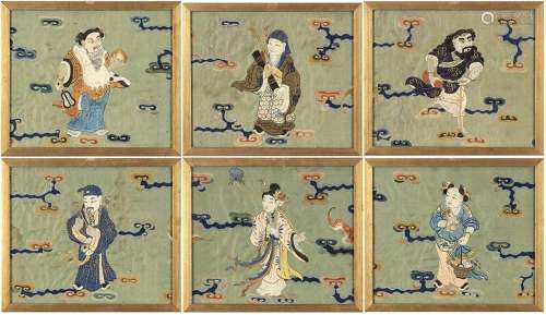 SIX EMBROIDERED SILK PANELS  
China, late 19th - early 20th ...