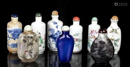 NINE SNUFF BOTTLES IN DIFFERENT MATERIALS
China, 20th centur...