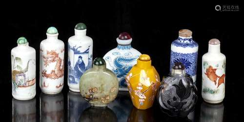 NINE SNUFF BOTTLES IN DIFFERENT MATERIALS
China, 20th centur...