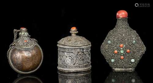 THREE METAL SNUFF BOTTLES
China, 20th century