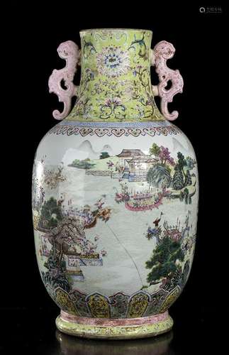 A LARGE POLYCHROME ENAMELLED PORCELAIN BALUSTER VASE
China, ...