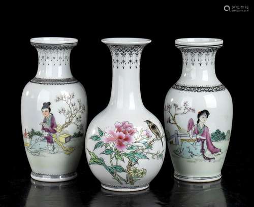 THREE POLYCHROME ENAMELLED PORCELAIN SMALL VASES
China, 20th...