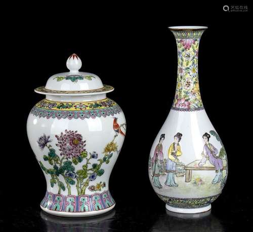 TWO POLYCHROME ENAMELLED PORCELAIN VASES
China, 20th century