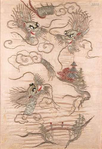 AN EMBROIDERED SILK 'DRAGON' PANEL
China, 20th century