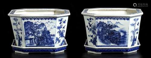 A PAIR OF 'BLUE AND WHITE' PORCELAIN CACHEPOTS AND TRAYS
Chi...