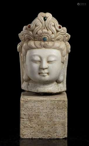 A HARDSTONES INLAID WHITE MARBLE BODHISATTVA HEAD
China, 20t...