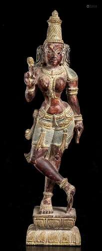 A PAINTED WOOD FEMALE DEITY  
India, 20th century