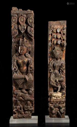 TWO PAINTED WOOD COLUMNS WITH DEITIES
India, 18th - 19th cen...