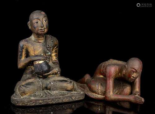 A PAIR OF GLASS INLAID LACQUERED WOOD MONKS  
Burma, 19th ce...